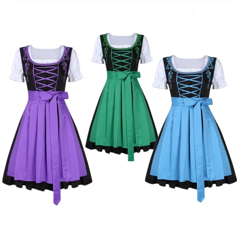 

Women Medieval Maid Costume Lace Up German Oktoberfest Dirndl Dress Apron Short Sleeve Cosplay Party Dress M-5XL Plus Size