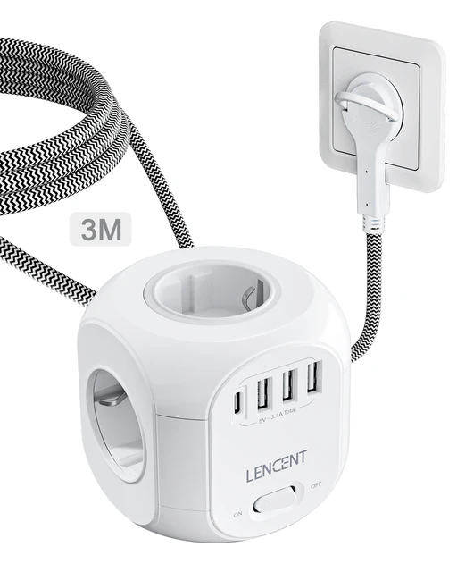 Przedłużacz z 4 gniazdami AC i 4 portami USB - płaska wtyczka za $15.41 / ~60zł https://ae01.alicdn.com/kf/S8f26ff981ebb45268771061c30c6b9c5U/LENCENT-EU-Plug-Power-Strip-with-4-AC-Outlets-3-USB-Port-1-Type-C-2M.jpg_640x640.jpg_.webp
