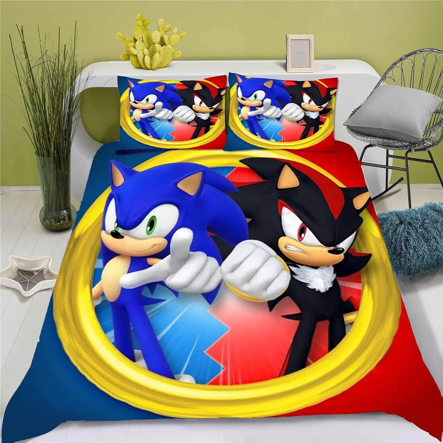 thumbnail image 1 of Funda nórdica Sonic - Poliéster y rayón, juego de funda nórdica con decoración de habitación Sonic, 1 funda nórdica y 2 fundas de almohada, regalo de cumpleaños para niños, 1 of 5