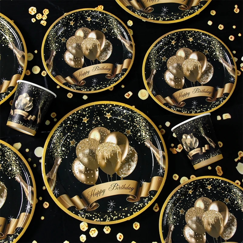Description Picture 4 of itemBlack gold Party Disposable Tableware Set Paper Cups Plates Straws Cake Stand Table Decoration Adult Birthday Party Supplies