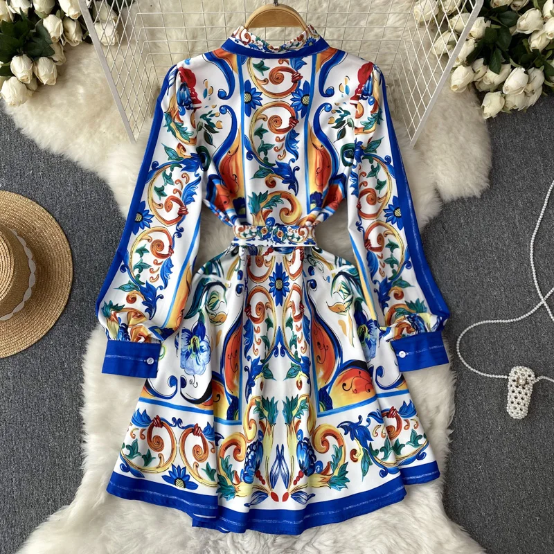 Spring Summer Runway Blue And White Porcelain Dress Women\'s Lapel Long Lantern Sleeve Belt Lace Up Ruffles Mini Vestidos N2024