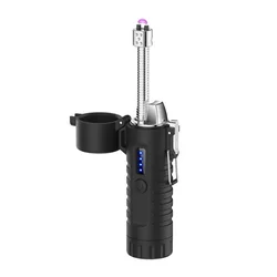 Metal Windproof Waterproof Pulse Dual Arc Type C Rapid Charge Electronic Lighter with Strong Light Flashlight Outdoor Lighters