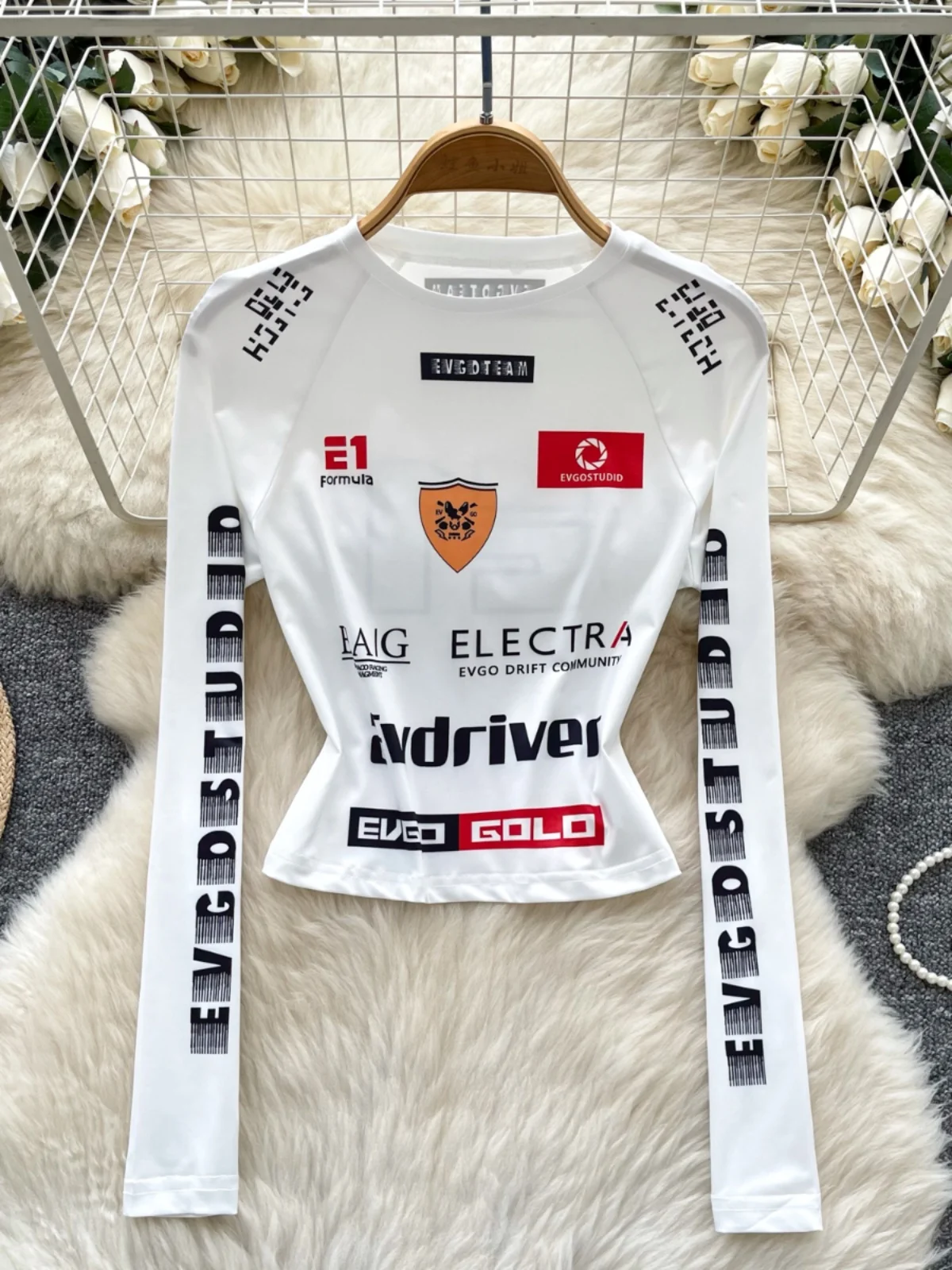 Slim Fit Long Sve Print T-irt Women's ort Sle Motorcycle Wind Pure Desire Base irt Commute Sle Korean Version