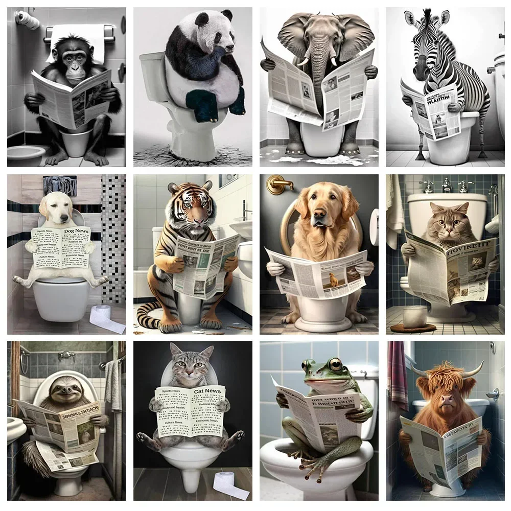  5D DIY Diamond Painting Cat Lion Tiger Toilet Reading Newspapers Diamond Mosaic Funny Bathroom Animal Embroidery Art Decoration 