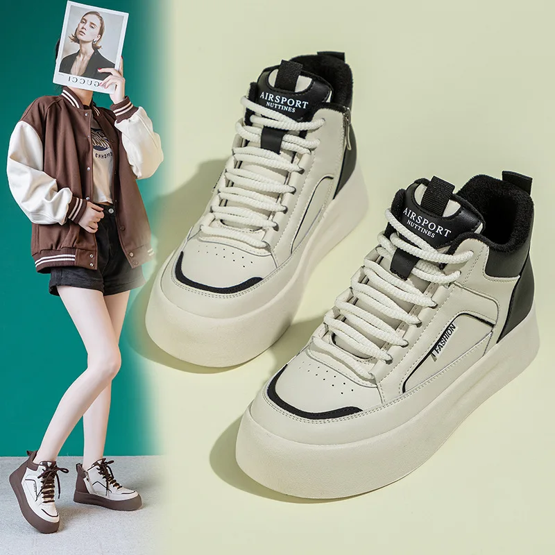 women's shoes genuine leather high top dad's shoes 2023 autumn and winter plush flat bottoms casual sports shoes
