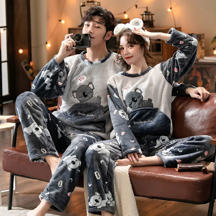 Couple Pajamas Set Winter Flannel Pyjamas Women Home Wear Nightwear 2Pcs Men's Sleepwear Cartoon Cat Pijamas Warm Clothes Suit