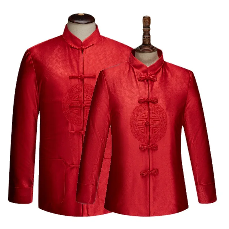 Embroider Dragon and Phoenix Tang Clothes Women Men Brocade Satin Hanfu Jacket Long Sleeve Cota Vintage Mandarin Collar Qipao