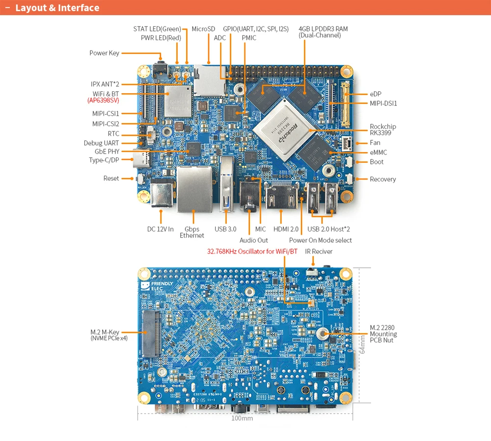 NanoPC-T4 ARM Development Board 4GB LPDDR3 RAM 16GB eMMC Rockchip RK3399 Dual-ba