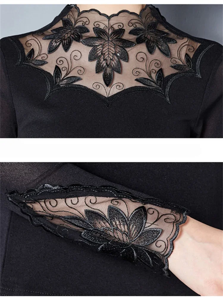2024 New Hollow Out Women Spring Autumn Style Lace Blouses Shirts Casual Long Sleeve Patchwork Spliced Turtleneck Blusas Tops