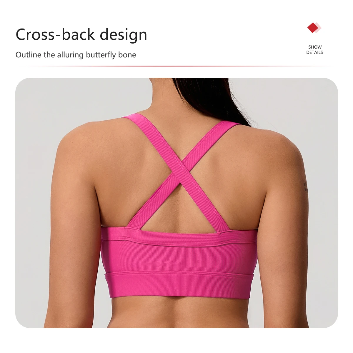 Ctenkevet Gerippter Sport-BH für Damen, Push-up-Yoga-Top, Lauf- und Fitness-BH – Damen-Sportunterwäsche mit überkreuztem Rücken – Detail 8
