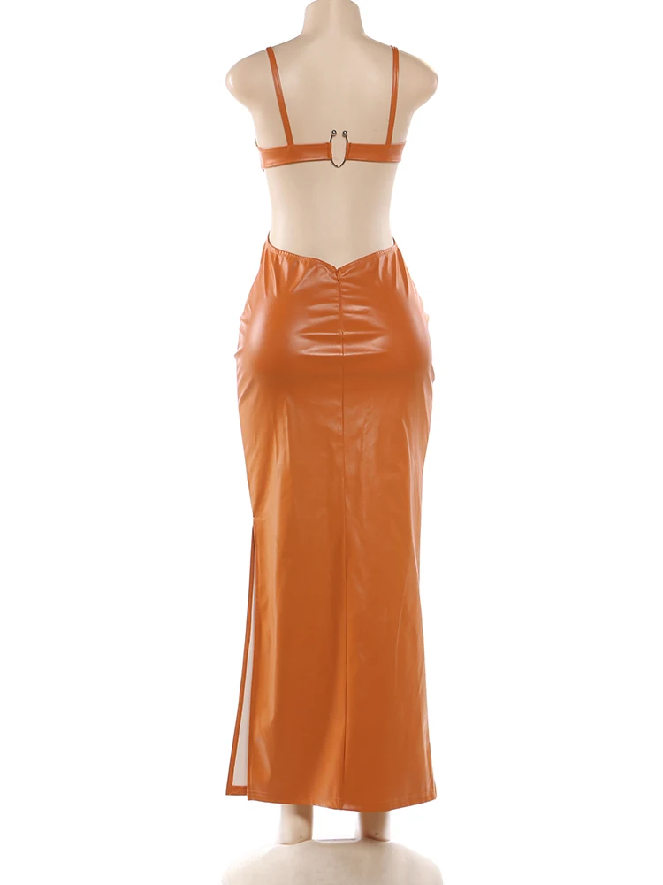 Sisterlinda Sexy PU Leather Dress Women Waistless Hollow Wrap Chest Backless Side Split Stretch Birthday Party Clubwear Vestidos