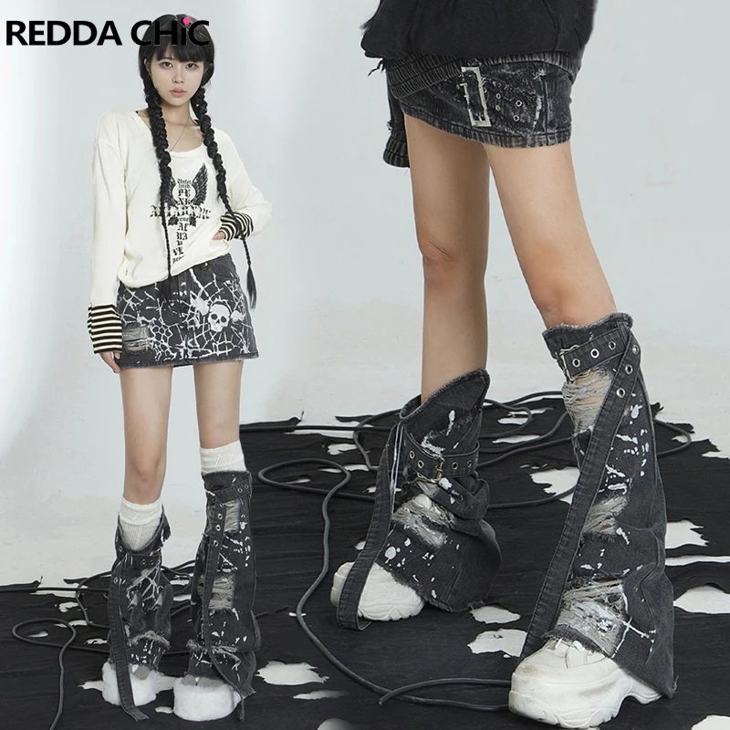 

REDDACHiC Cyberpunk Y2k Leg Warmers for Women Gaiter Silver Glitter Harajuku Destroyed Bandage Frayed Ruched Denim Boots Cover