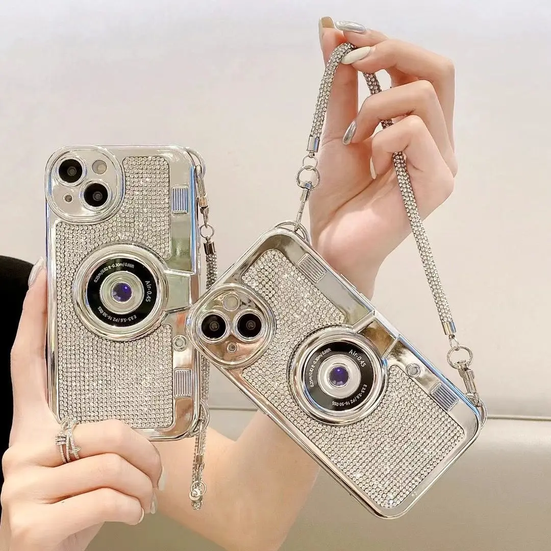 

INS Camera Diamond-Encrusted Wrist Case For iPhone 15 14 13 12 11 Plus Pro Max Mini SE Cases Strap Electroplating Protect Cover