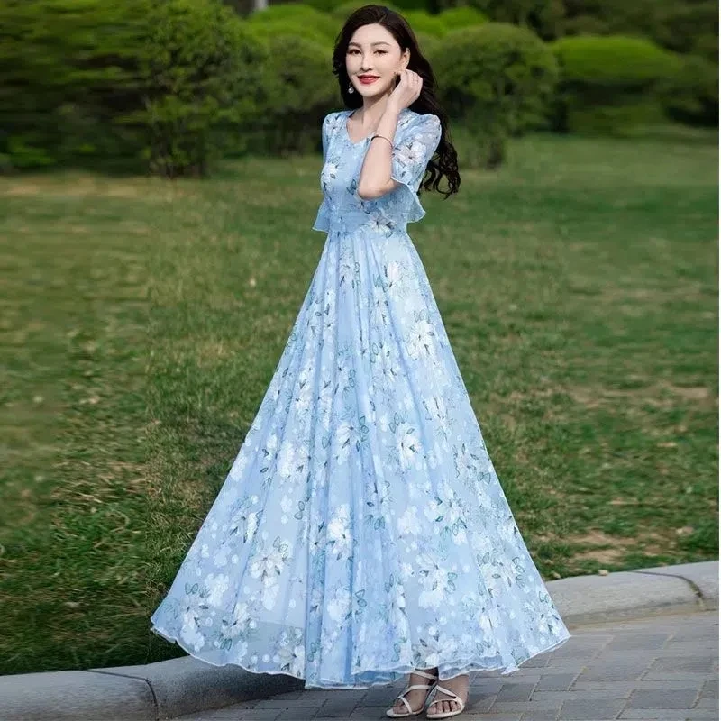 

Large Swing Mid-Length Chiffon Printe dress Women's 2024 Summer New Sweet V-Neck Oversize 5XL Seaside Vacation Long Dresses