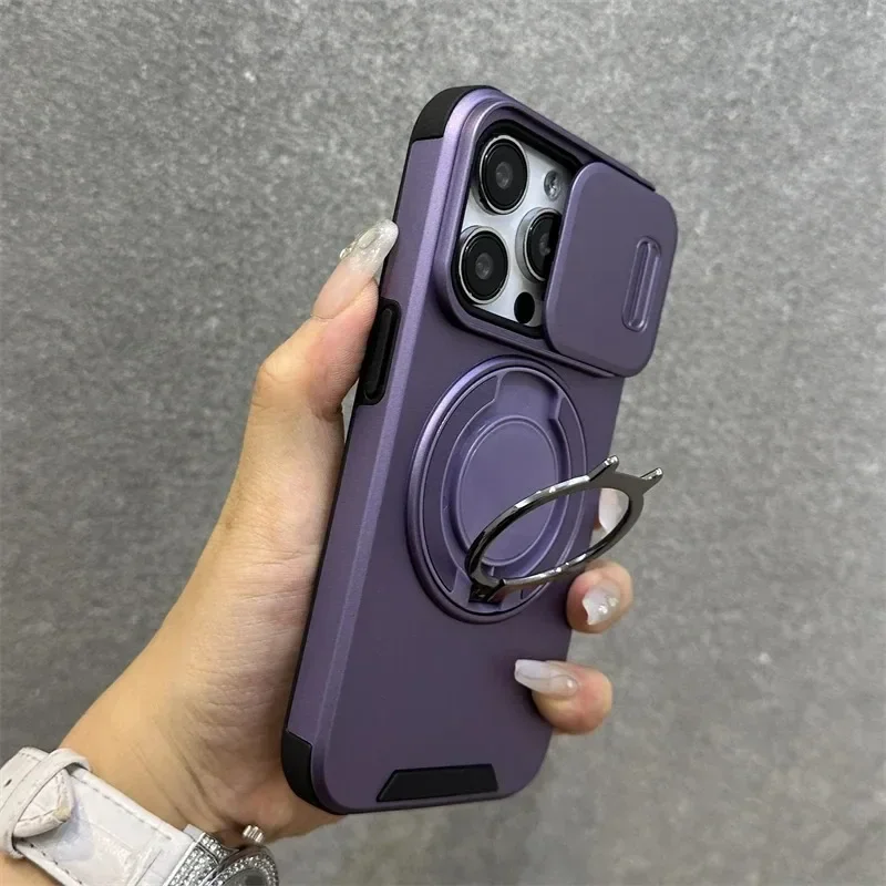 Luxury Heavy-Duty Rugged Armor Magnetic Bracket Case For iPhone 16 15 14 13 12 11 Pro Max Plus Slide Camera Protection PC Cover 3