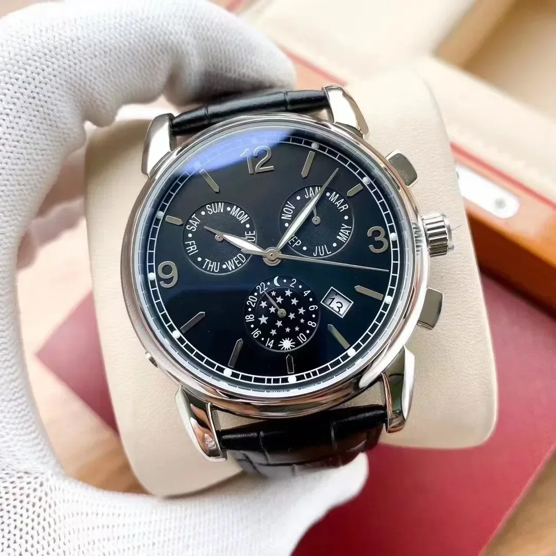 

Новинка 2023, Мужские автоматические механические часы, розовое золото, нержавеющая сталь, черная кожа, Daydate Dual Time