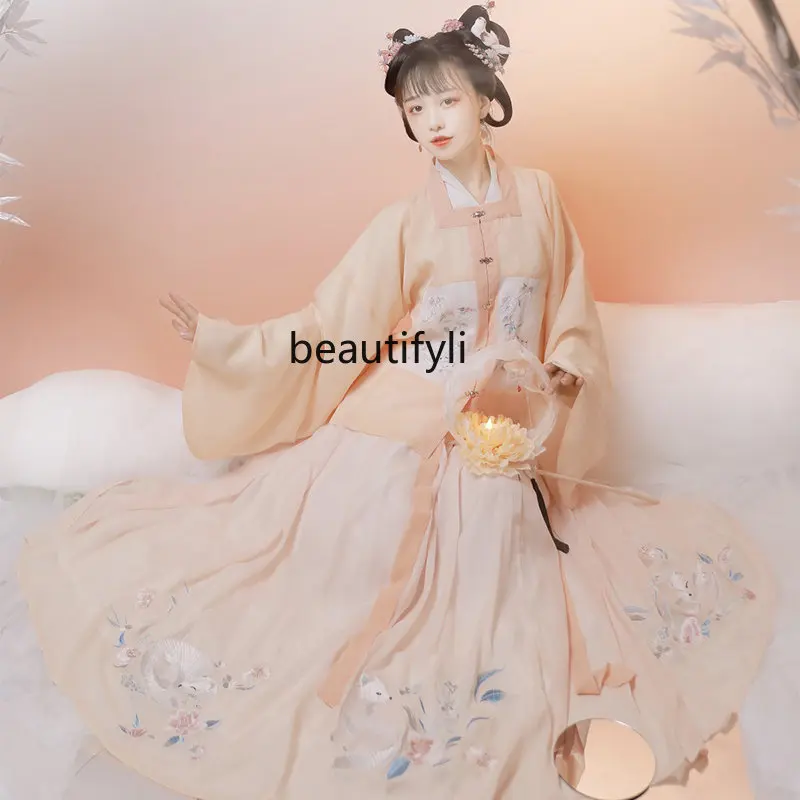 

yj Women's Han Chinese Clothing Chinese Style Fairy Ancient Costume Placket Square Collar Waist-Fitting Spring and Summer