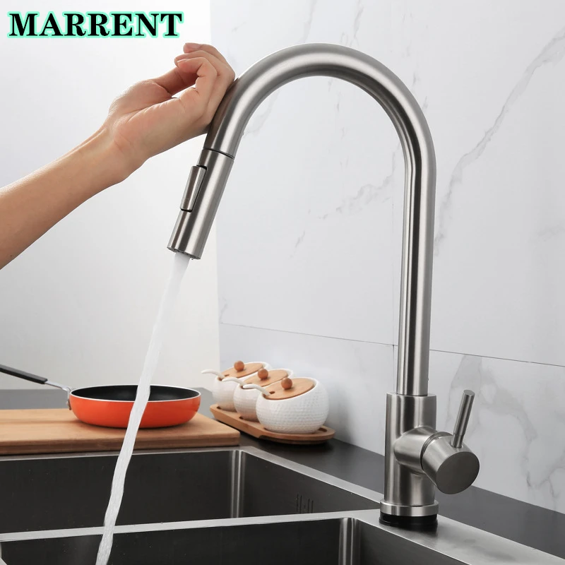 Hot Cold Touch Kitchen Mixer Tap with Pull Down Sprayer Pull Out Kitchen  Sink Faucet Brushed Nickel Smart Touch Kitchen Faucets - AliExpress