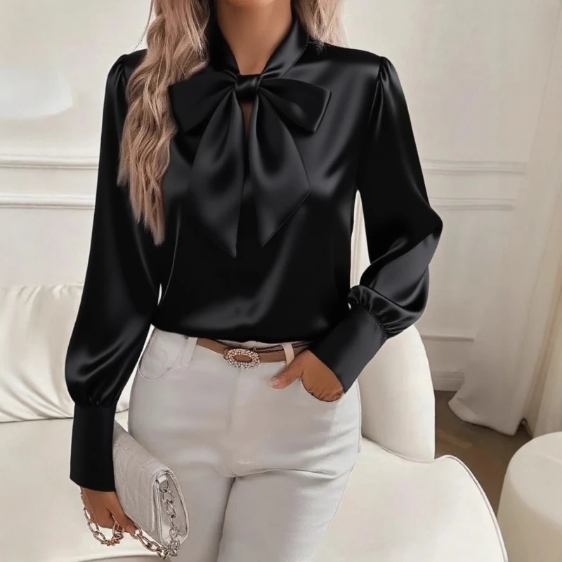New Spring and Autumn Women's Bow Lace-up Satin Long-sleeved Shirt Elegant Fashion Solid Color Satin Vintage Blouse Fall Clothes