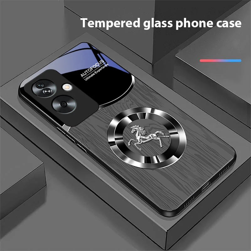 Wood Grain Horse Blue Tempered Glass Black Phone Case