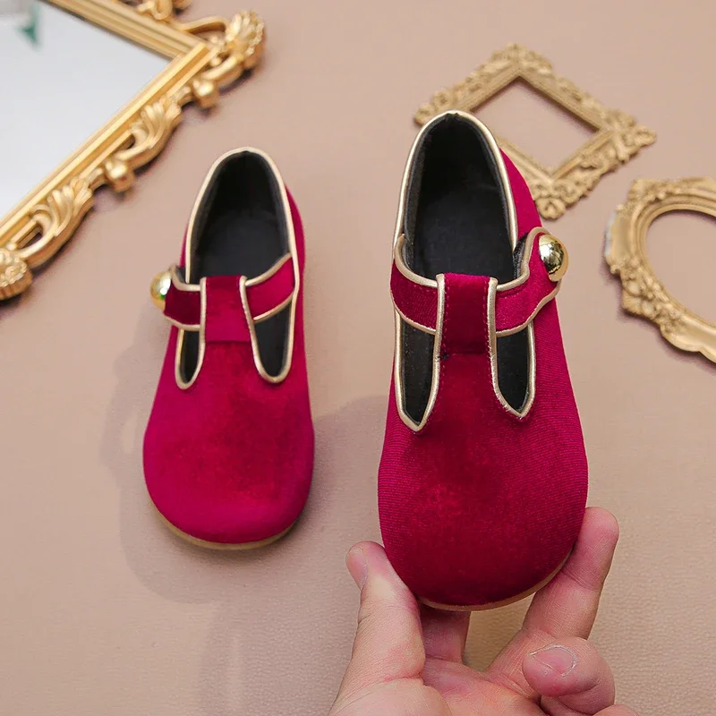 Wine Red Leather Kids Flat Shoes for Girls