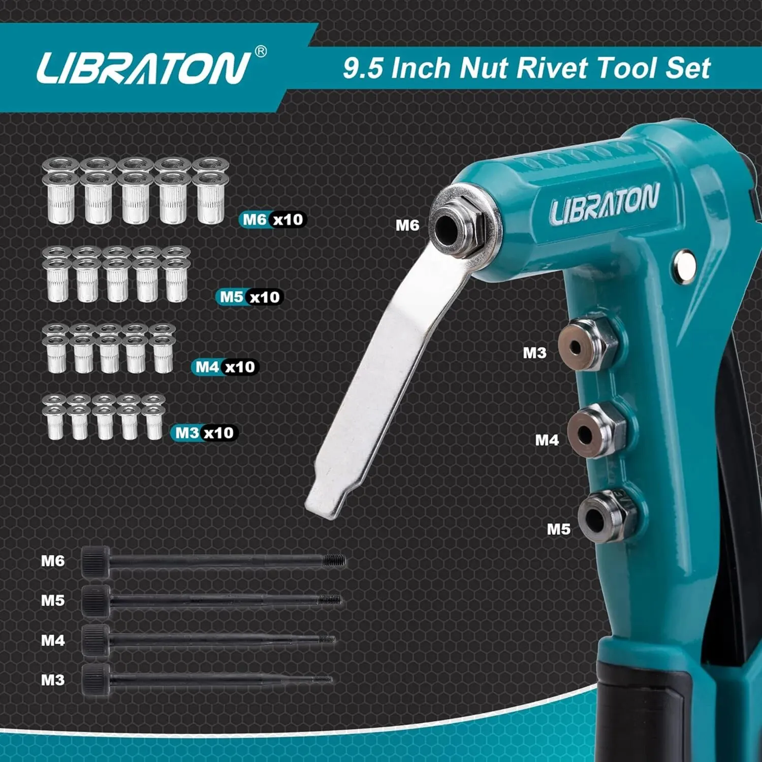 Rivet Nut Tool LIBRATON Rivet Nut Tool One-Handed Rivet Nut Gun Hand Setter with Threaded Nuts Metric Interchangeable Mandrels