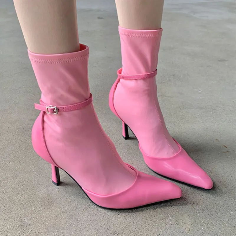 

High -heeled Word Buckle with Thin Heels with Chinese Stockings Boots 2023 Autumn Pointed Elastic Boot Dress Chelsea Botas Mujer