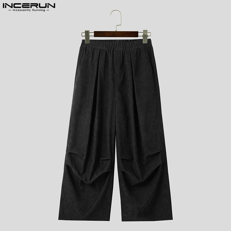 INCERUN 남성 코듀로이 바지 솔리드 컬러 느슨한 탄성 허리 streetwear 캐주얼 와이드 레그 바지 남성 2024 한국 스타일 긴 바지