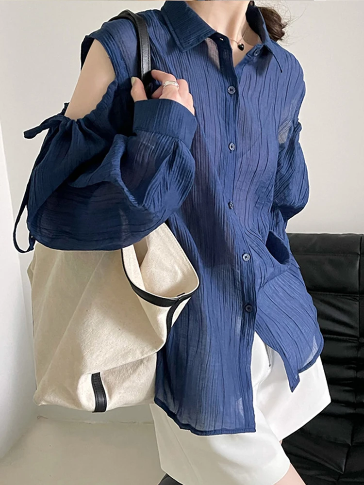 [LANMREM] Off Shoulder Drawstring Sunscreen Shirts For Women Lapel Single Breasted Blouses Fashion Tops 2024 Summer New 26D9373