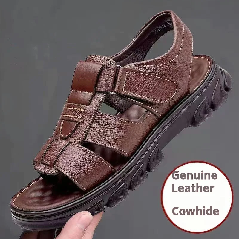 2024 Summer Men's New Non-slip Thick-soled Leather Sandals Beach Shoes Cowhide Slippers Outdoor