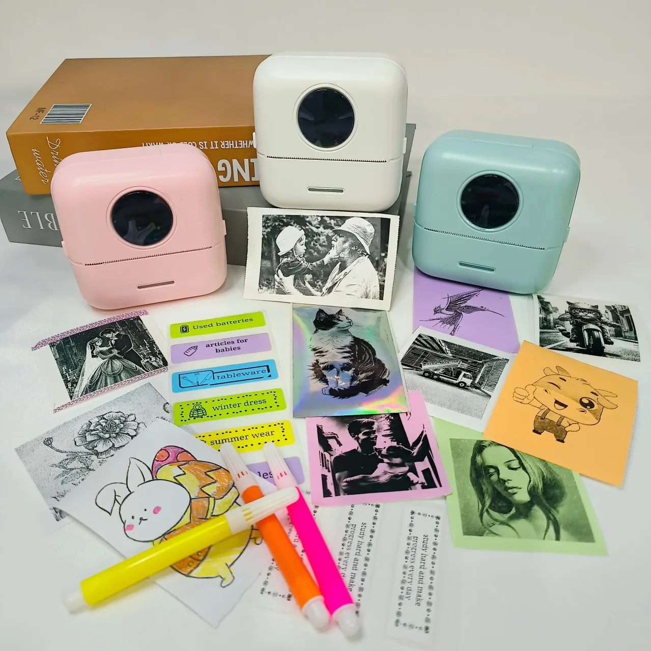 휴대용 미니 포켓 감열 프린터 (스티커 롤 10개 포함) - iOS & 안드로이드 무선 스티커 프린터, 잉크 없는 소형 프린터