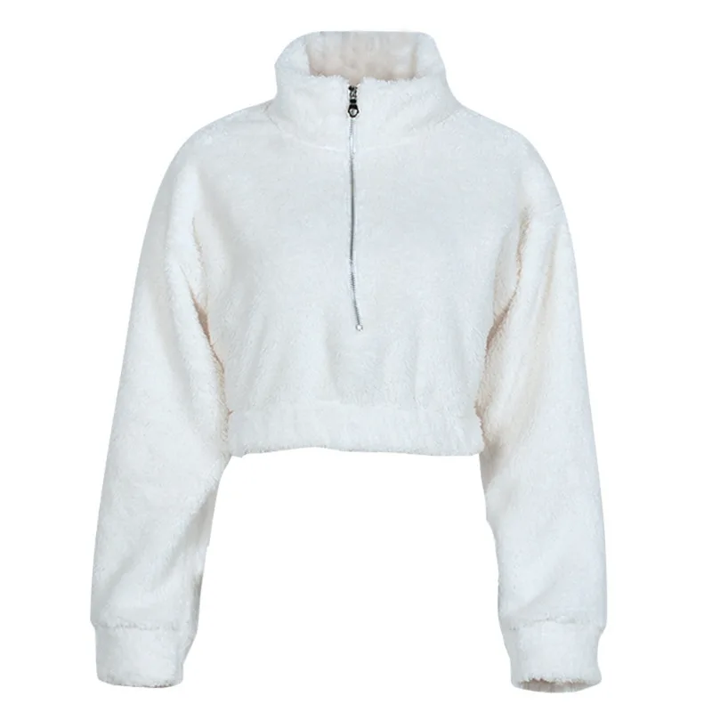 Autumn Winter Women Jacket Furry Warm Short Coats White Zipper Slim Outwears Solid Colors Jackets Crop Tops Winter Clothes Women