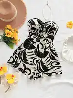 Women's Vacation Spring/Summer Carnival Cruise Party Watercolor Silhouette Printed Lace up Front Knot Loose Strapless jumpsuit - Image 3