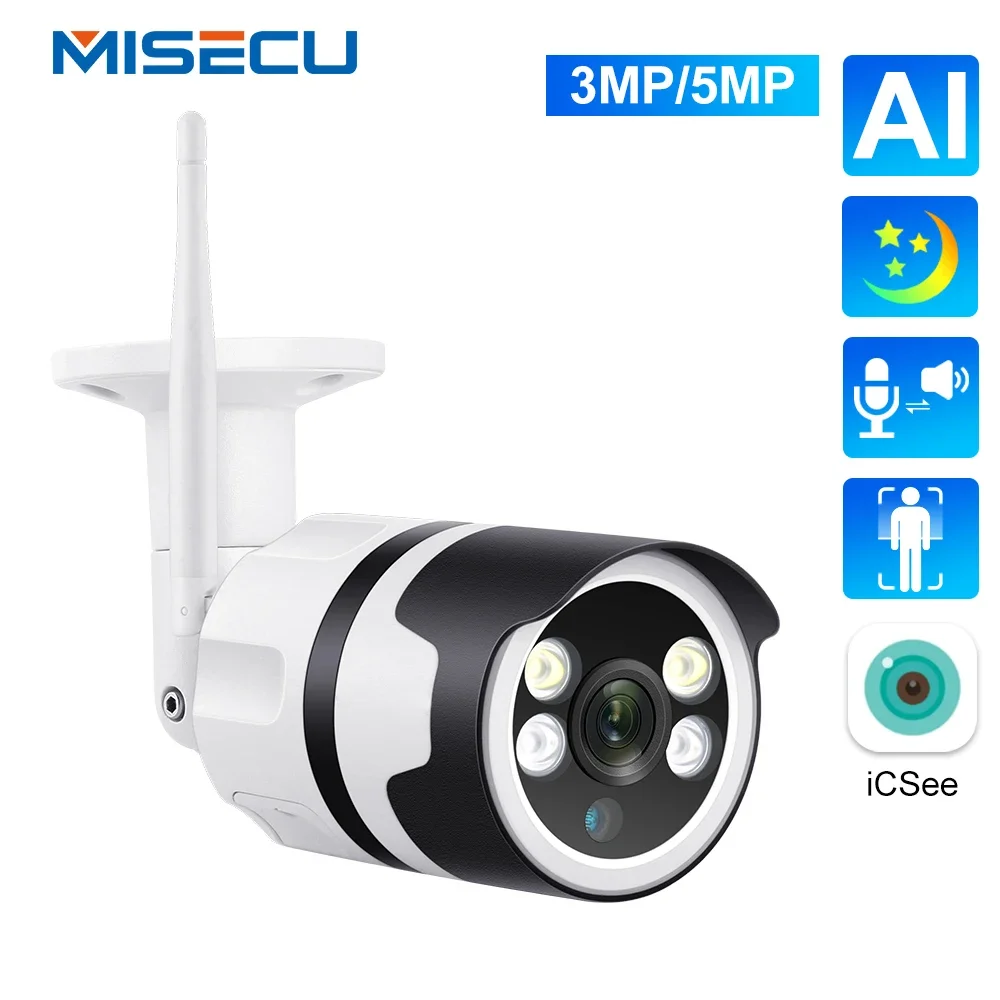 MISECU 방수 CCTV 비디오 보안 카메라, 3MP 5MP, 와이파이 IP 야외 카메라, AI 인간 감지 풀 컬러 야간 투시, P2P Onvif