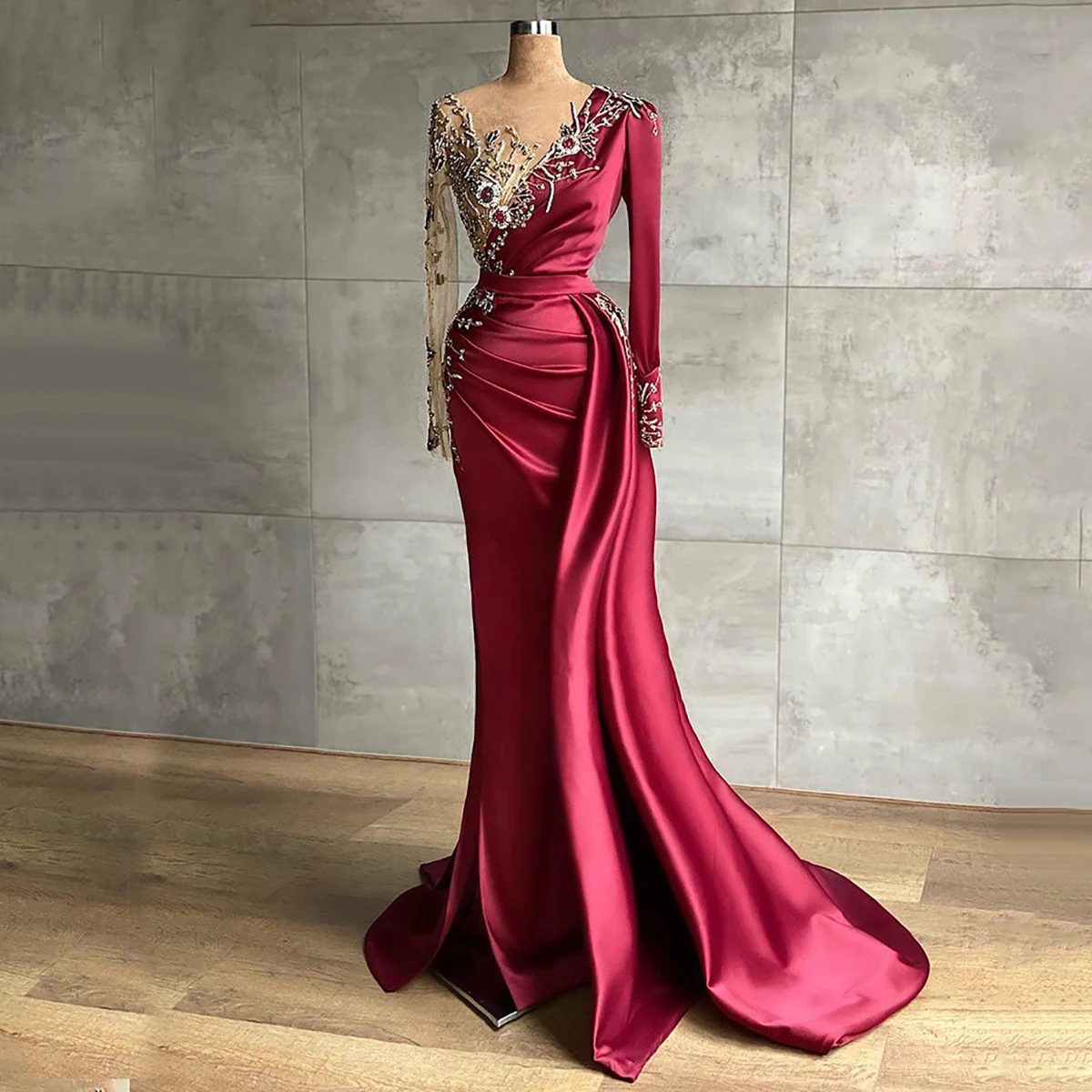 

Gorgeous Evening Dress Formal Occasion Dress Mermaid Jewel Long Sleeves Illusion 3D Applicants Beads Prom Dress Vestido De Noite