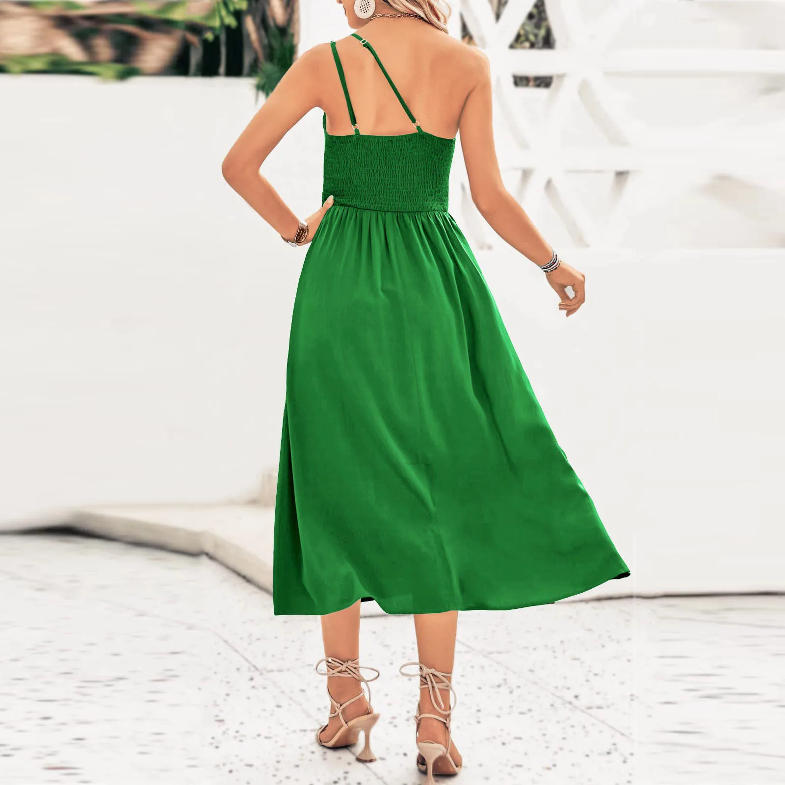 Women Summer Casual Temperament Solid Color Floral Print Slanted Shoulder Sling Pleated Sleeveless Long Maxi Dress |