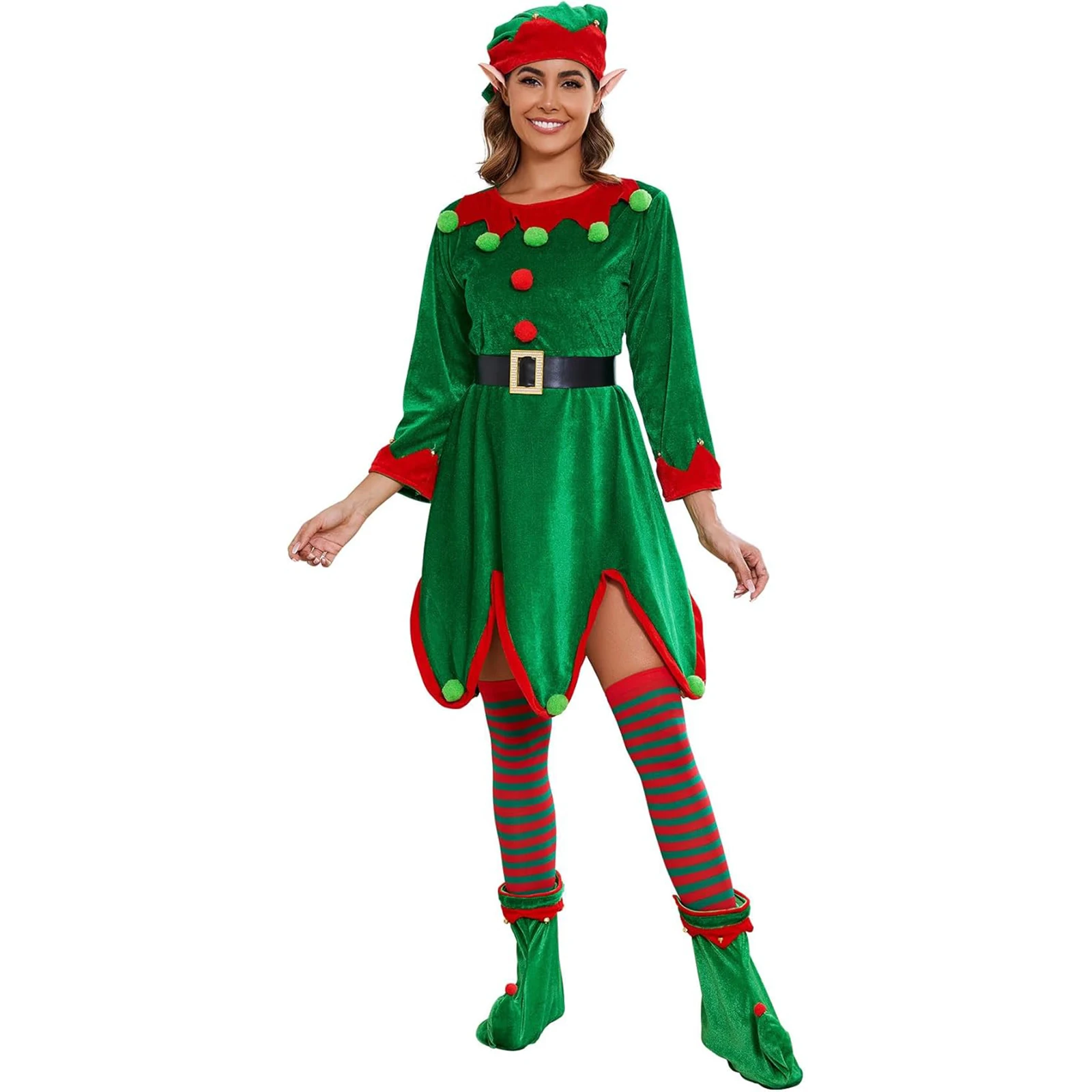 Women Elf Dress Costume for Christmas Contrast Color Long Sleeve Round Neck Mini A Line Dresses Cosplay Party Dresses 2025