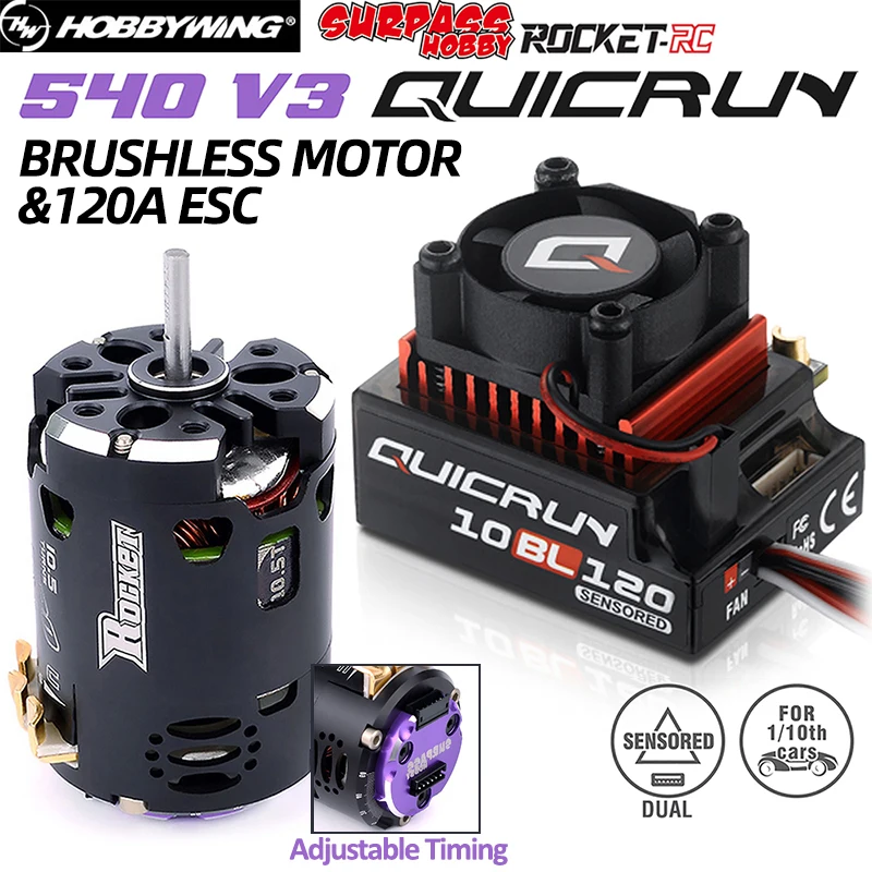 

Rocket 540 V3 4.5T 10.5T 13.5T Brushless Sensored Motor w/ Hobbywing QUICRUN 10BL120 120A ESC for 1/10 1/12 RC Car Racing