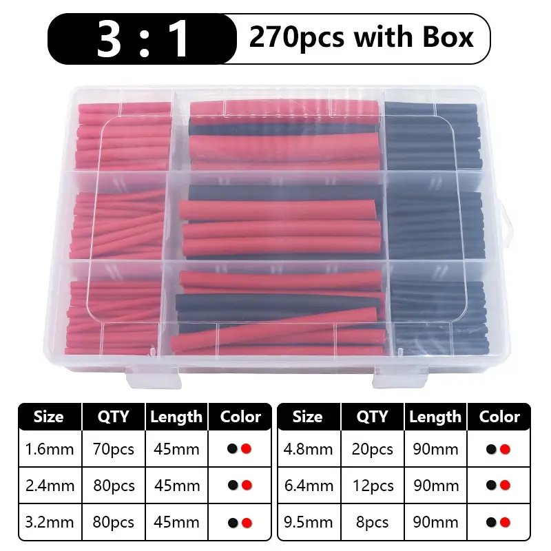 102-750pcs 2:1 Thermoresistant Tube Heat Shrink Wrapping Kit Assorted Wire Cable Insulation Sleeving 3:1 Heat Shrink Tube Set - Image 8