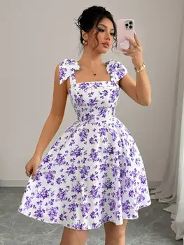 New Ditsy Floral Shoulder Tie Bow Waisted A-Line Dress，Women's Summer Clothing 1
