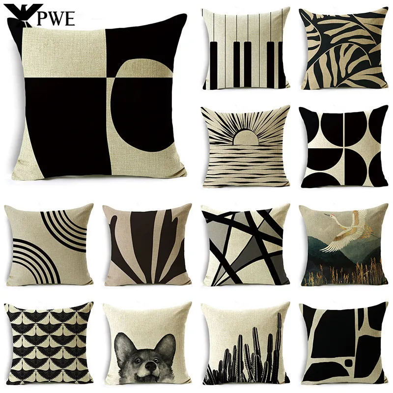 

Black and White Collection Geometric Prints Linen Pillowcase Square Bedroom Car Decor Cushion Cover 40cm/45cm and 50cm