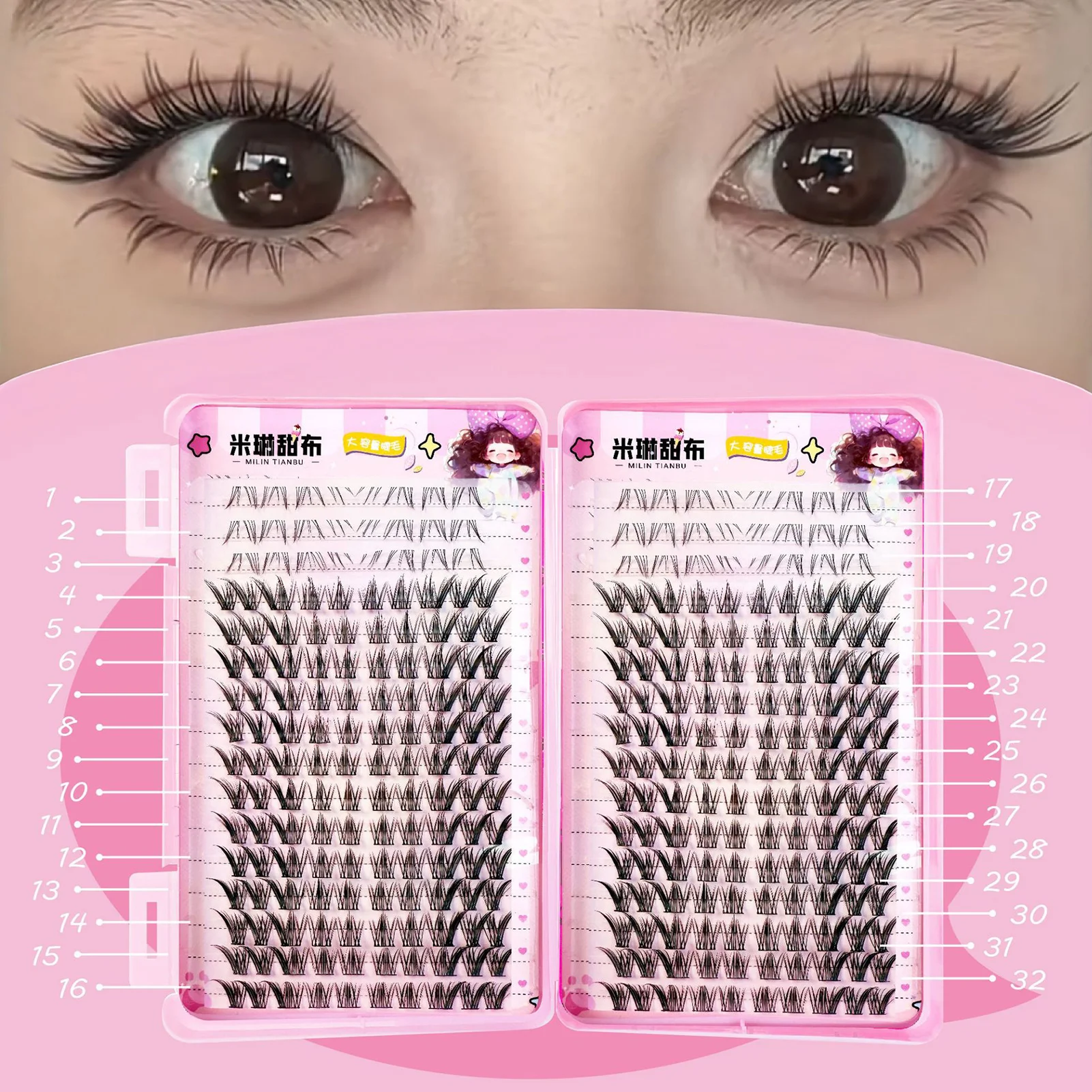 32 Paar Cluster Volumen Falsche Wimpern Buch 7D Schwarze gefälschte Wimpern Einzelne dicke C-Locken 5-14 mm Mischung natürliche Alltagswimpern – Detail 7