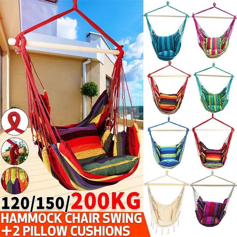 Portable Hammock Chair Hanging Rope Chair Swing Chair Seat with 2 Pillows for Garden Indoor Outdoor Hammock Swings