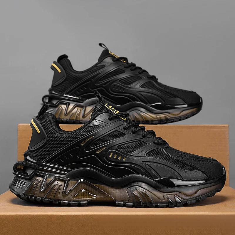 Men's Casual Sneakers, Stylish Black Sneakers with a Touch of Gold Embellishments, Lace-Up Sneakers with Air Cushioning, Comfortable Upper and Durable Sole, Suitable for Casual Wear, City Exploration Shoes | Fashionable Sneaker Design | Secure Fit Closure