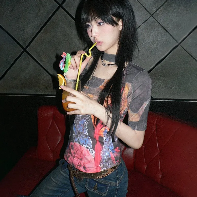 

Japanese Harajuku Choker T-shirt Y2k Aesthetics Tie Dye Tee Shirt Vintage 2000s Clothes Grunge Mall Goth Tshirt E-girls