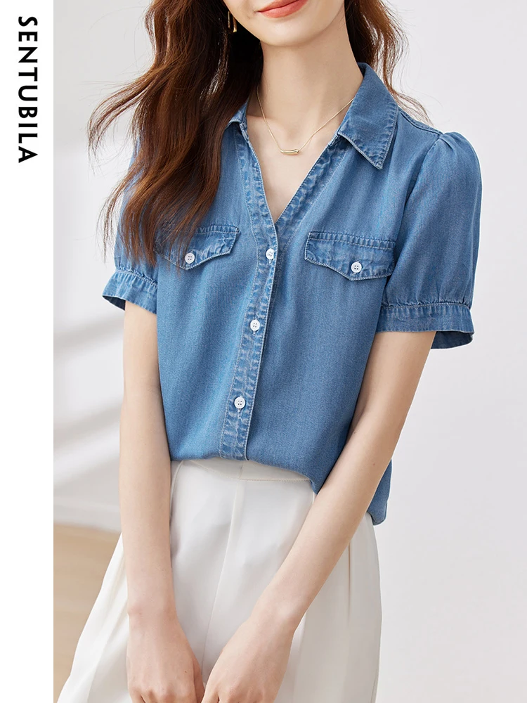 

SENTUBILA 100% Lyocell Washed Denim Shirts & Blouses for Women 2023 Fashion Casual Loose V Neck Short Puff Sleeve Summer Tops