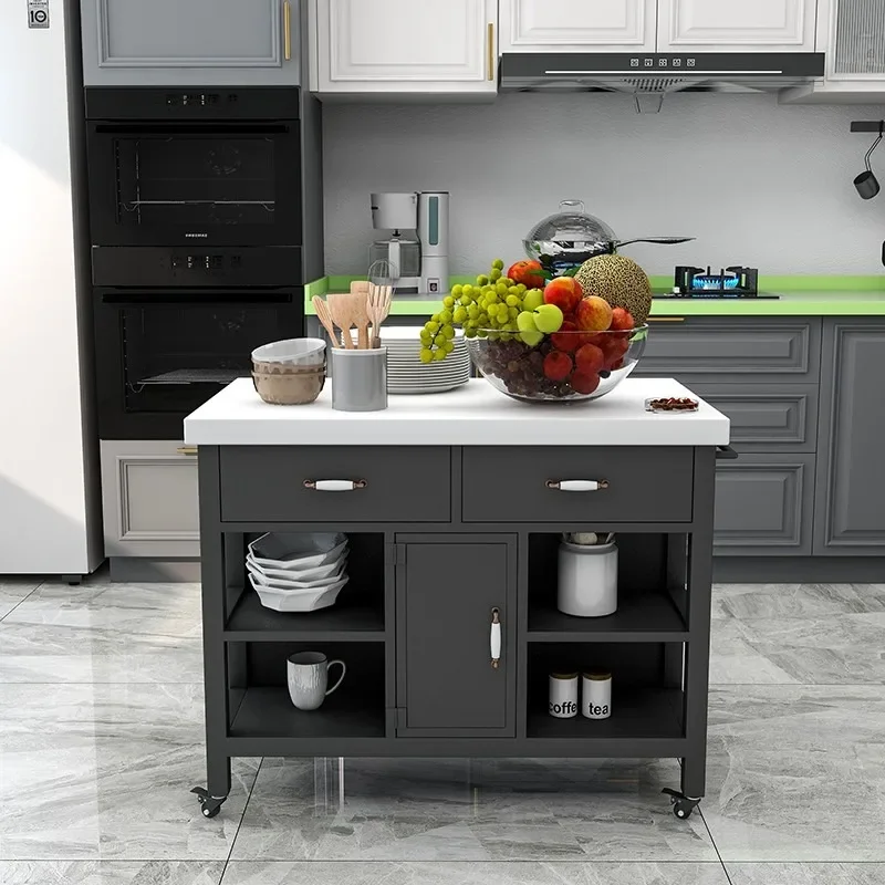 Open marble kitchen island table material table removable side cabinet wrought iron light luxury dining storage tabl