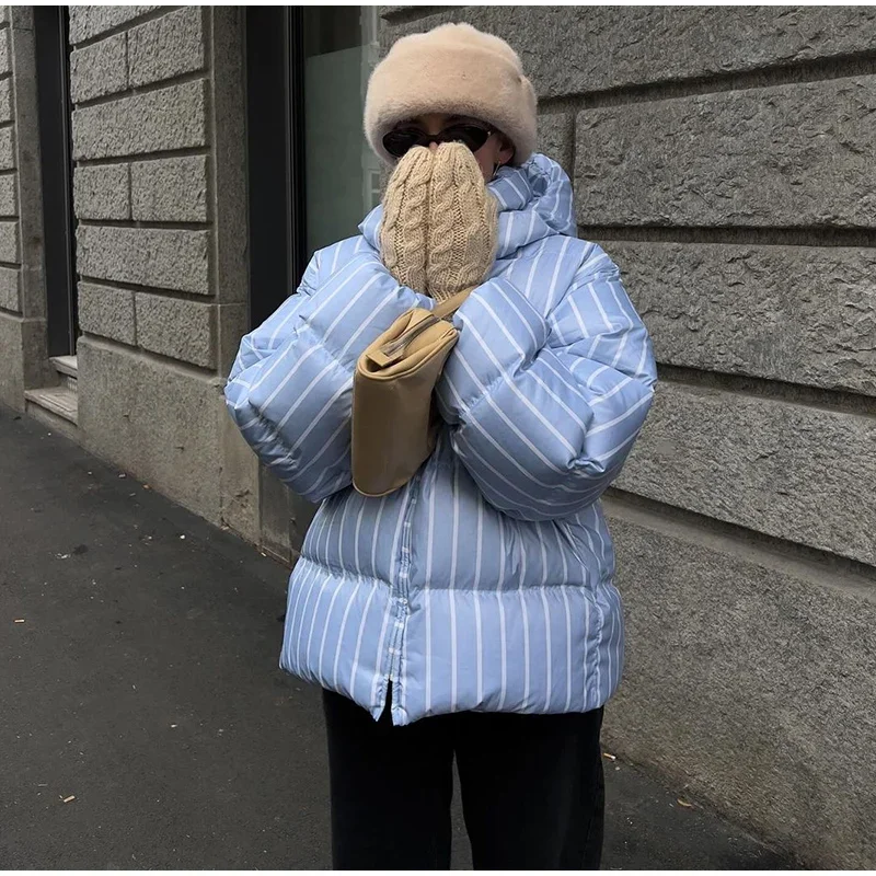Mit kapuze baumwolle Jacken Frauen Winter Verdickte Streifen Parkas Mode Design Brot Jacke Beiläufige Lose Mit Kapuze Zip Up Mäntel Y2k – Detail 8