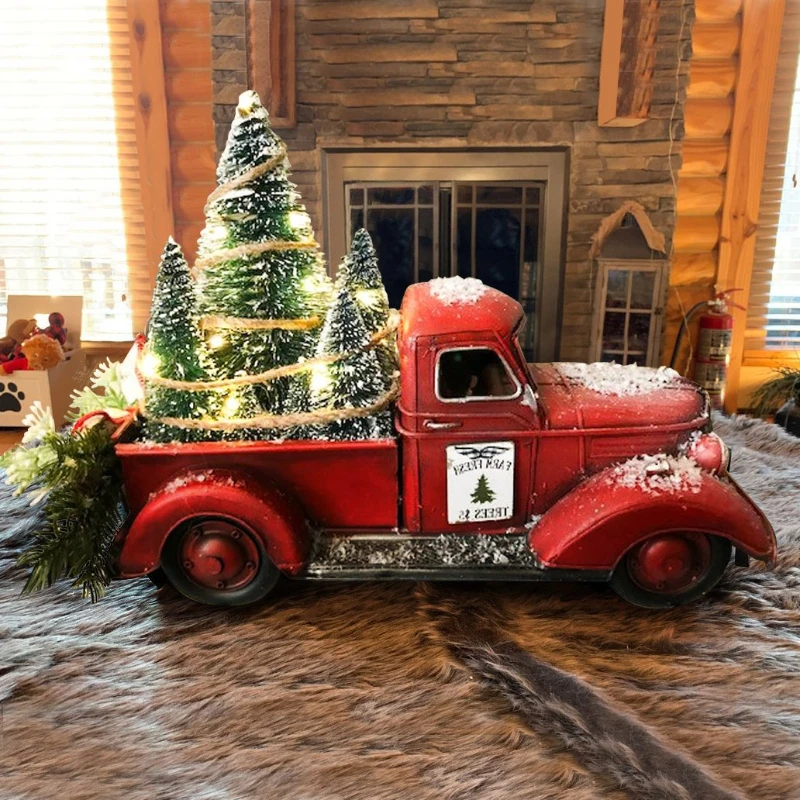 Home Decor Christmas Red Truck Automobile Car With Lights Resin Ornament  Craft Waterproof Garden Yard Tree Decoration navidad