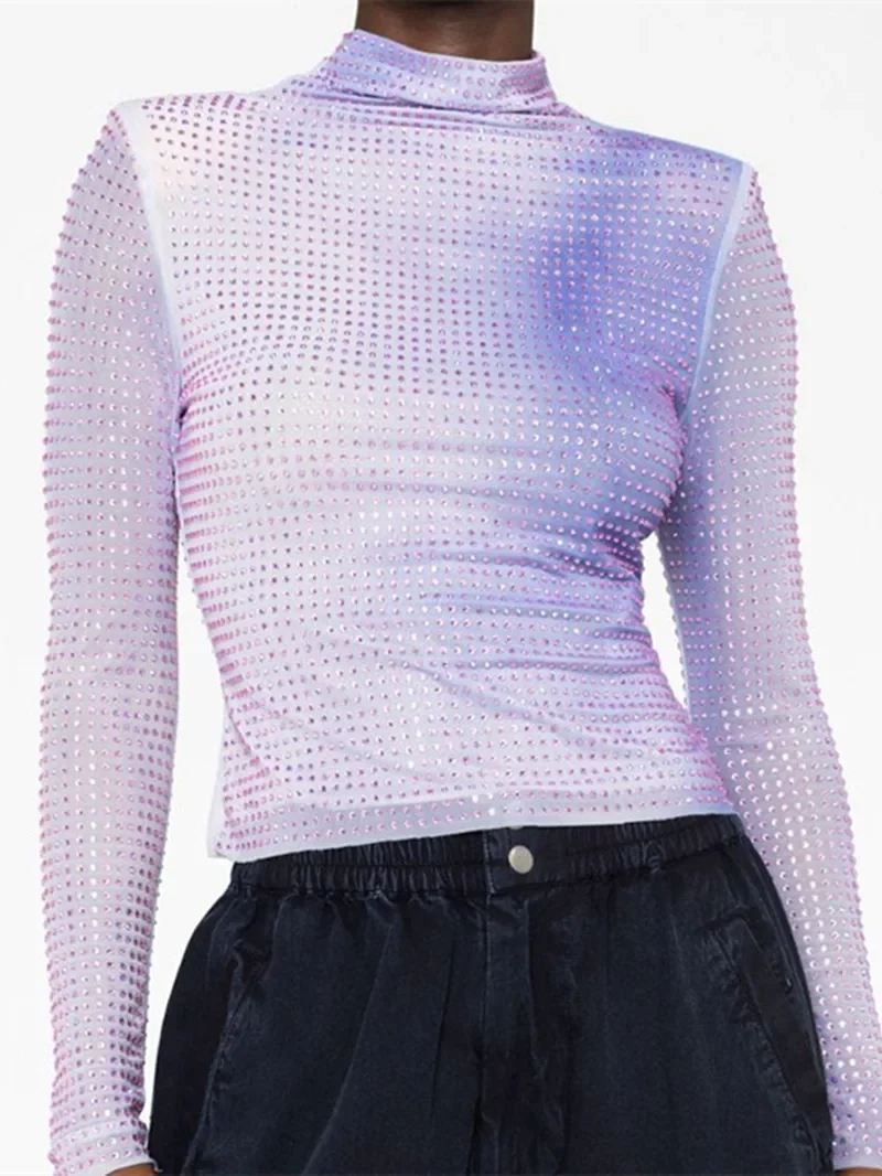 

Women Tops Gradient Rhinestone Decoration Slim Spring Fashion Stand Collar Long Sleeve Pullover